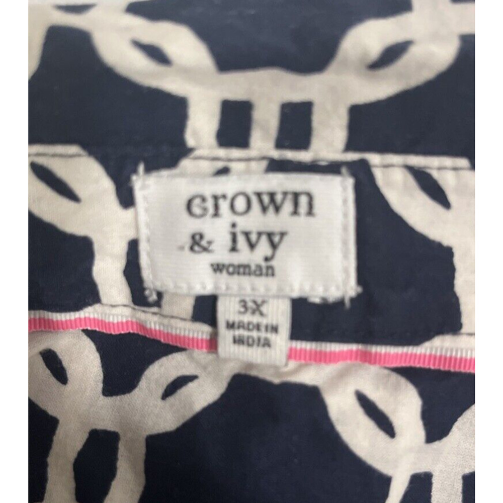 Crown & Ivy Women Blue White Geometric Blouse 3X Nautical Preppy Classic Capsule - Picture 4 of 10